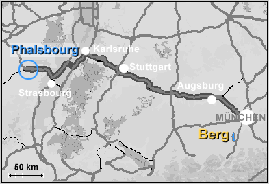 Landkarte mit der Darstellung der beiden Partnergemeinden Berg und Phalsbourg
